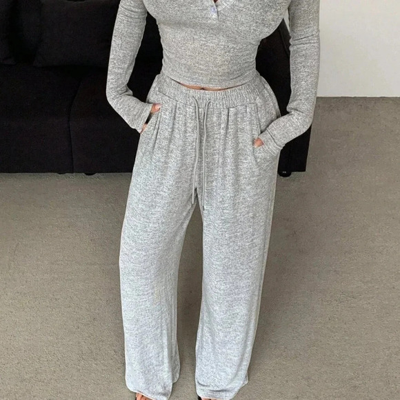 Light Grey Casual Women's Solid Color Button Long Sleeve T-Shirt And Pants Set - Picture 3 of 7